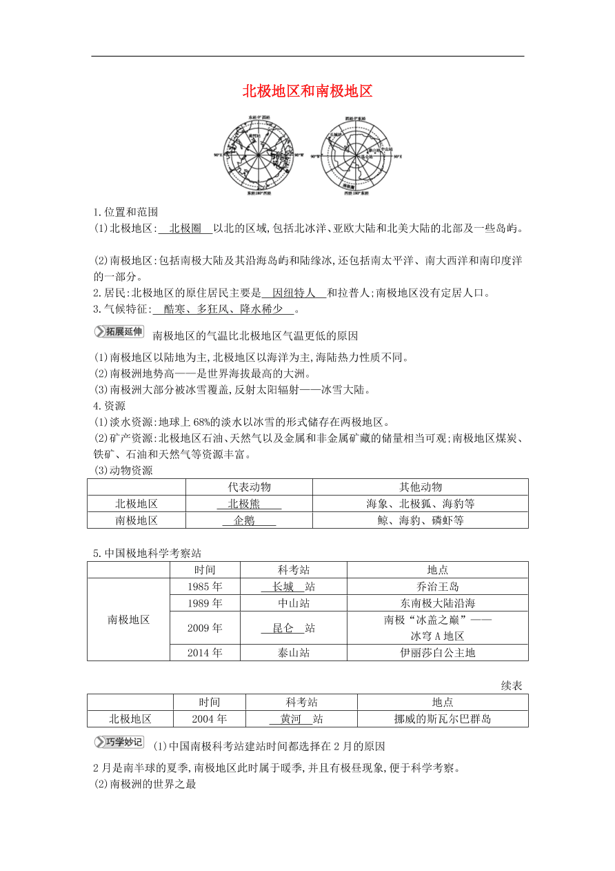 七年级地理下册第七章了解地区7.5北极地区和南极地区知识点素材整理