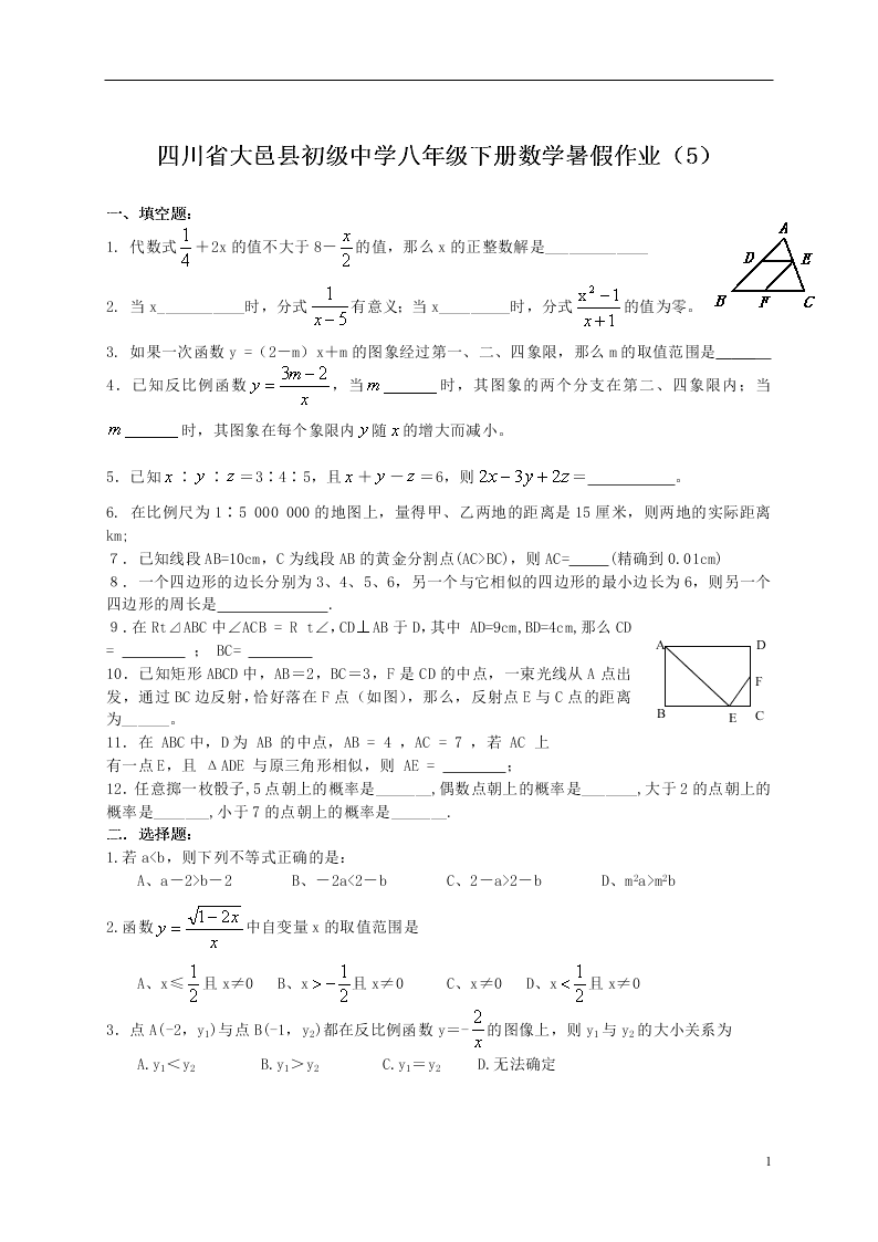 四川省大邑县初级中学八年级下册数学暑假作业（5）