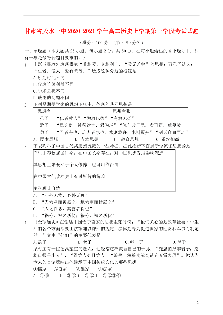 甘肃省天水一中2020-2021学年高二历史上学期第一学段考试试题