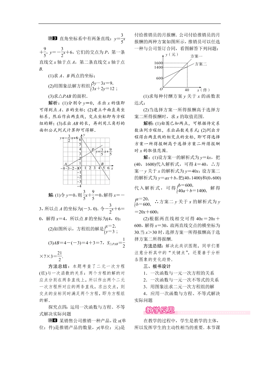  八年级数学下册例题分析19.2.3 一次函数与方程、不等式