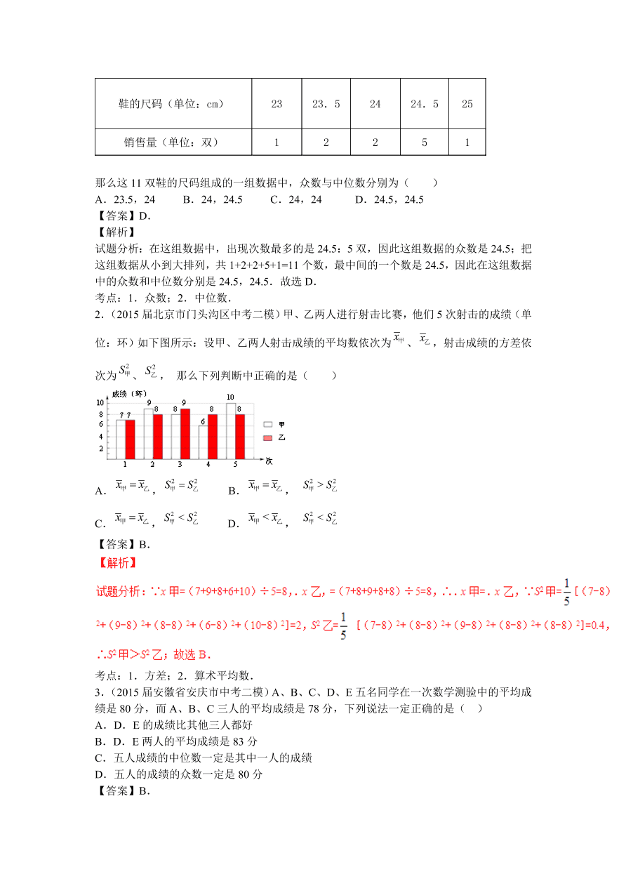 九年级数学中考复习专题：数据的分析练习及解析