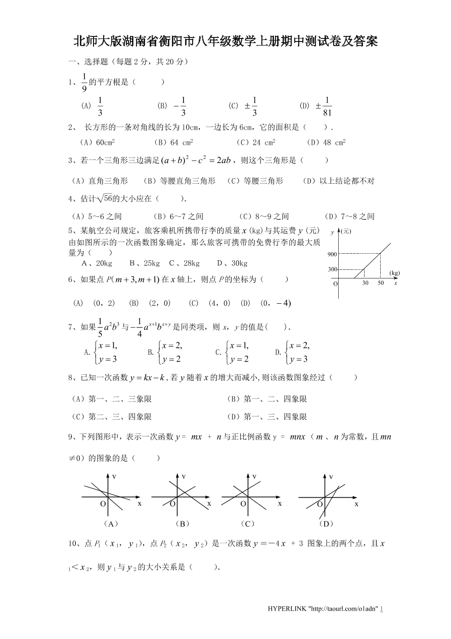 北师大版湖南省衡阳市八年级数学上册期中测试卷及答案