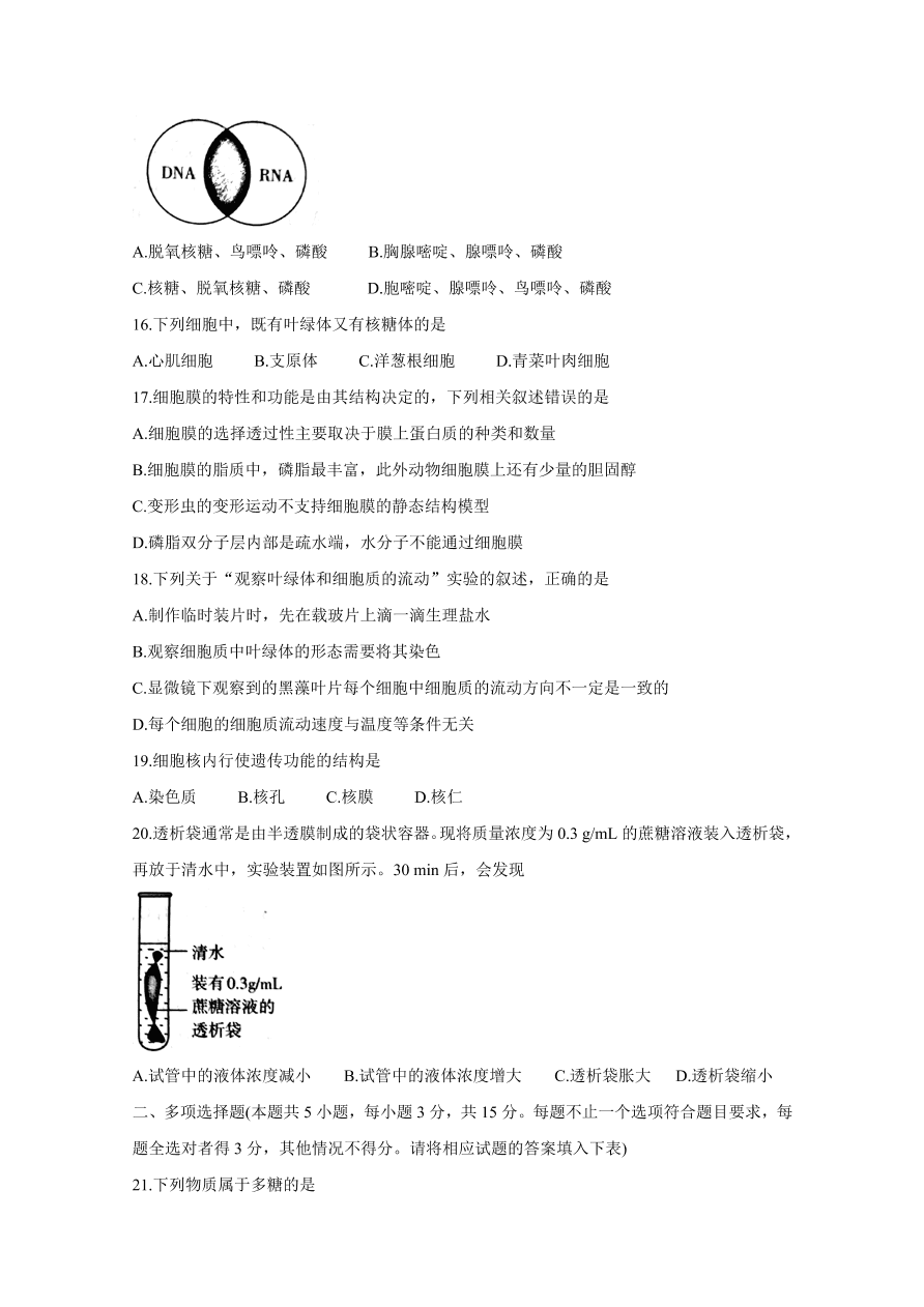 山西省太原市2020-2021高一生物上学期期中试题（Word版附答案）