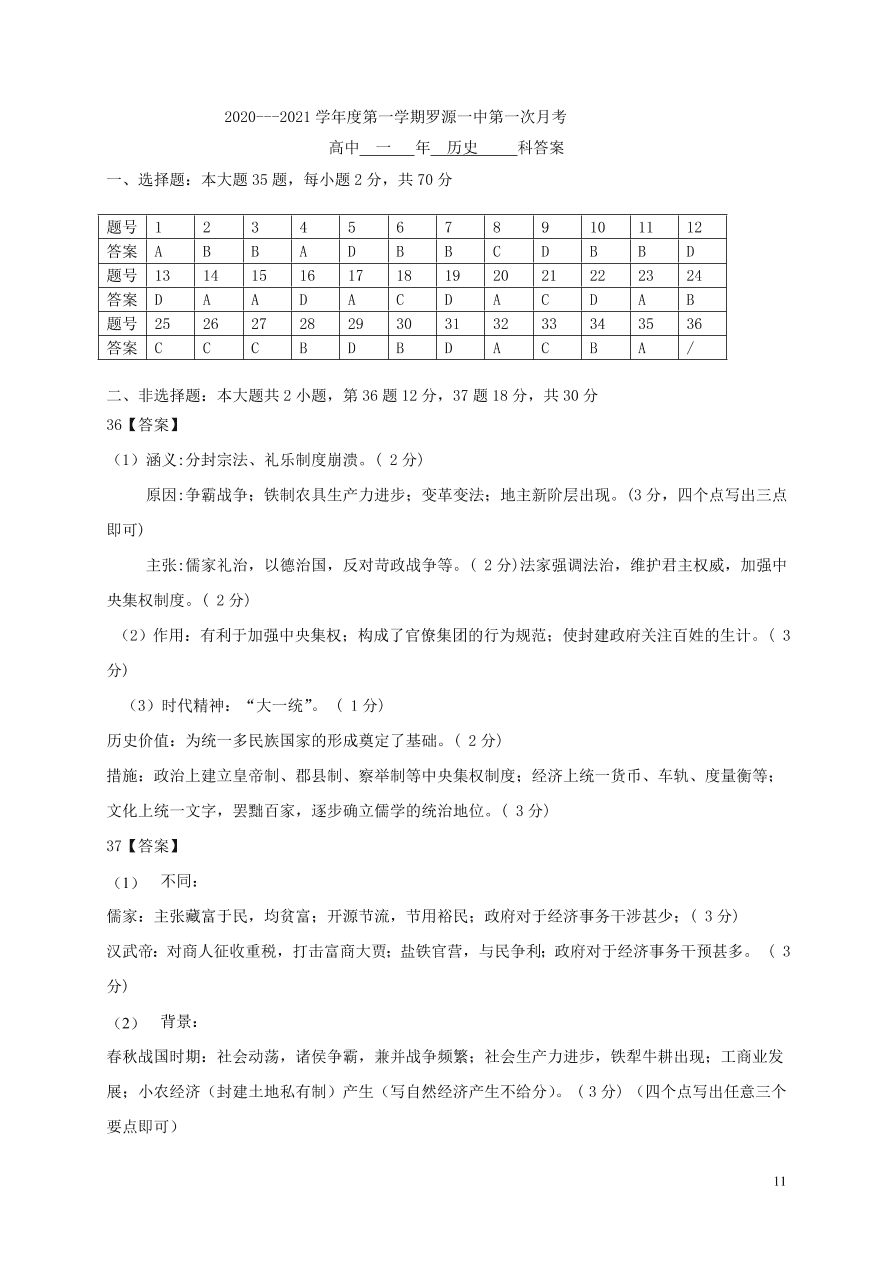 福建省罗源第一中学2020-2021学年高一历史10月月考试题