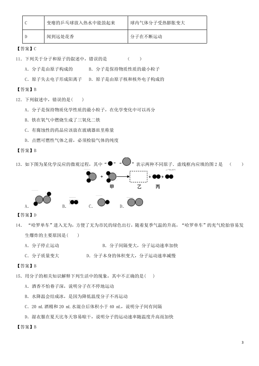 中考化学专题复习测试卷 分子和原子