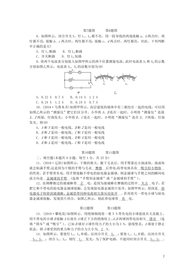 九年级物理全册第十五章电流和电路测试题（附答案新人教版）