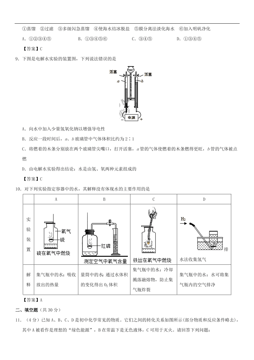 中考化学重要考点复习 自然界的水综合练习卷