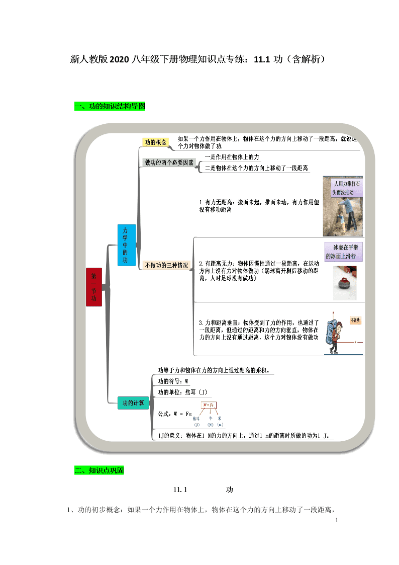 新人教版2020八年级下册物理知识点专练：11.1功（含解析）