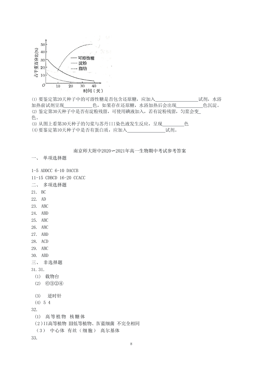 江苏省南京师大附中2020-2021高一生物上学期期中试卷（Word版附答案）