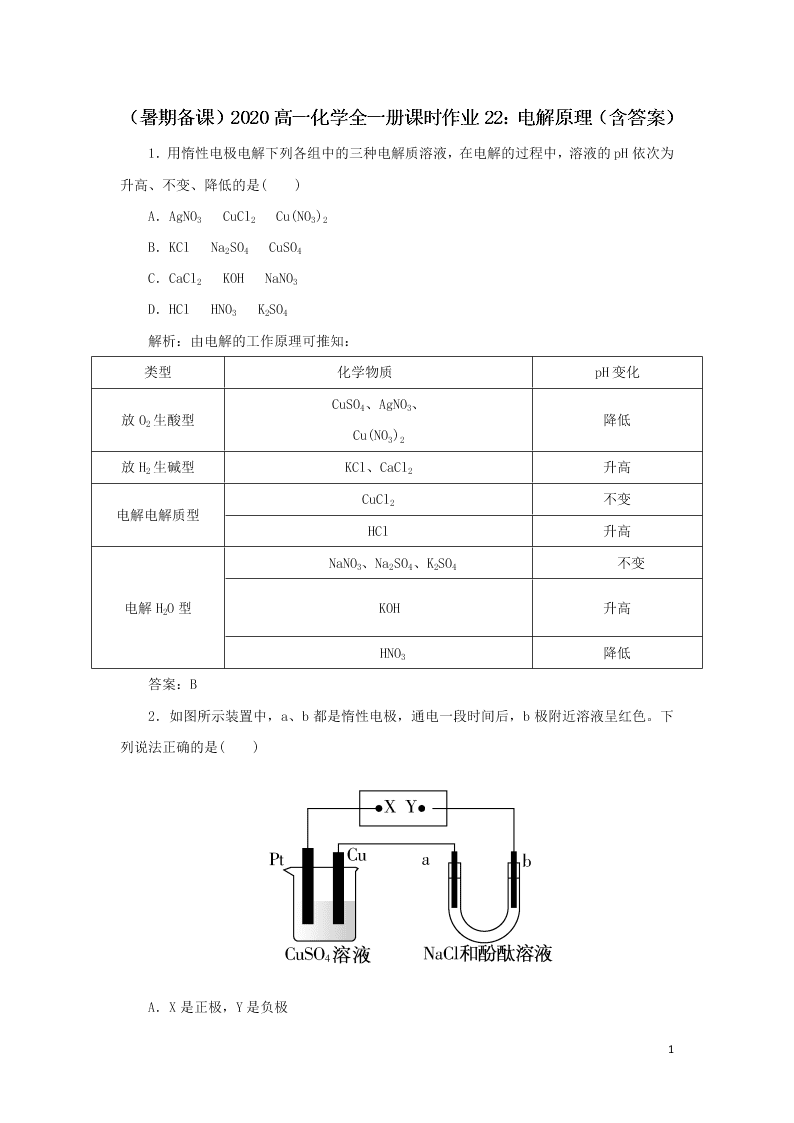 （暑期备课）2020高一化学全一册课时作业22：电解原理（含答案）