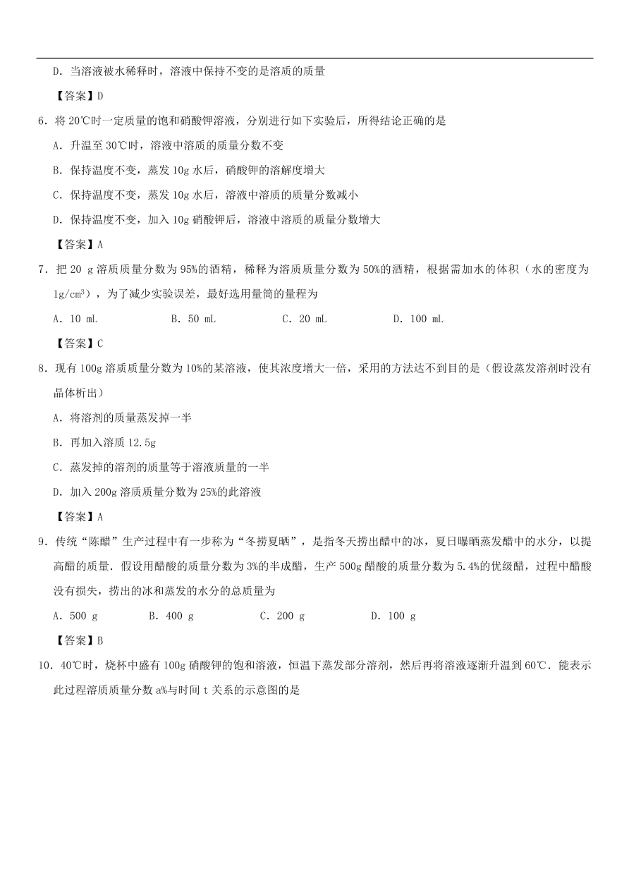 中考化学重要考点复习  溶质的质量分数练习卷