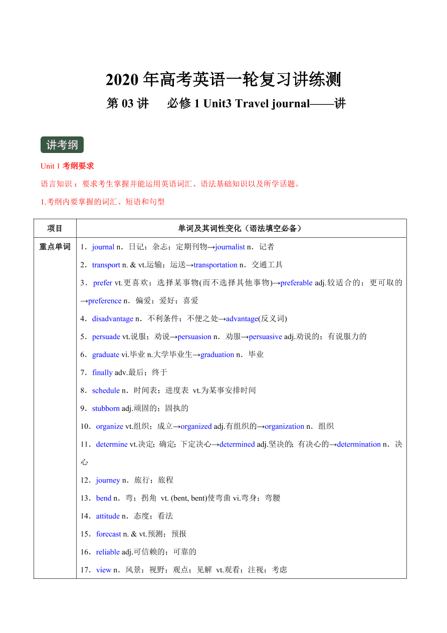 2020-2021学年高三英语一轮复习专题03 必修1 Unit 3 Travel journal （讲解）