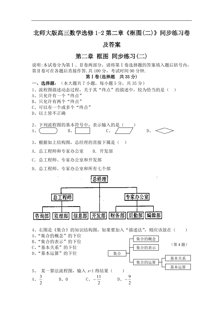 北师大版高三数学选修1-2第二章《框图(二)》同步练习卷及答案