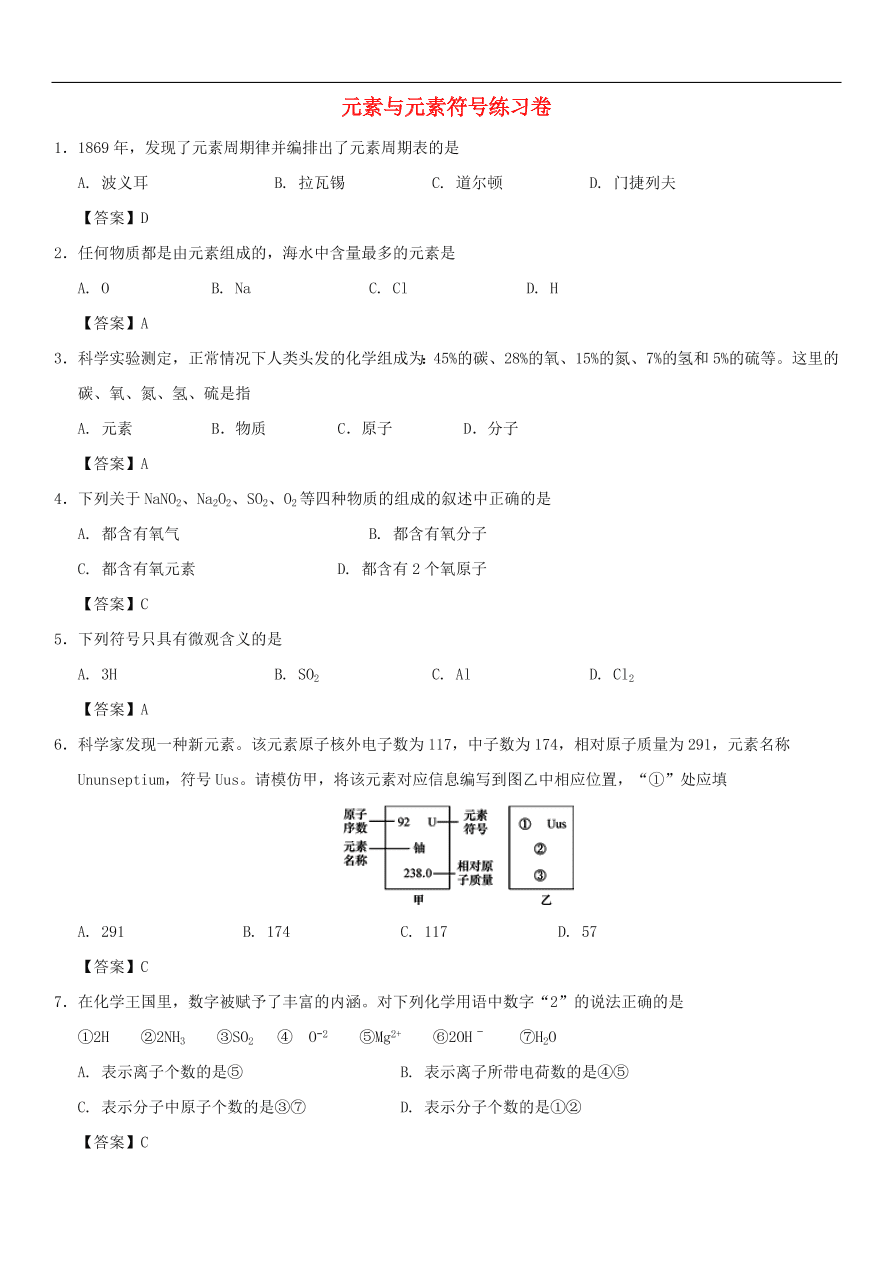 中考化学重要考点复习 元素与元素符号练习卷