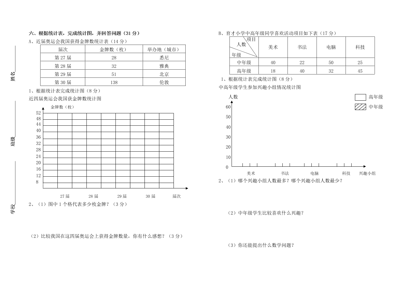 青岛版四年级上册数学第八单元条形统计图检测题