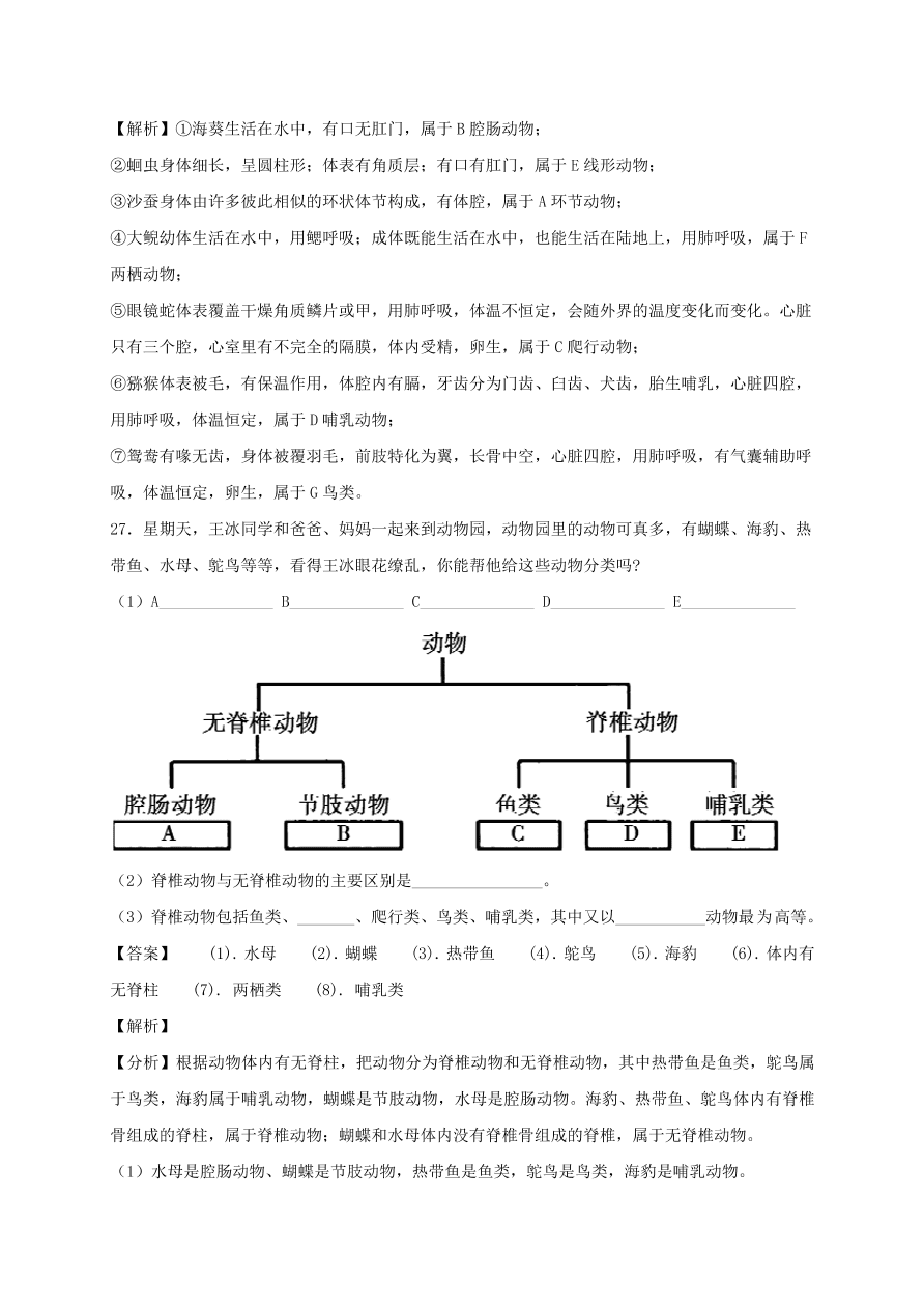 2020-2021八年级生物上学期期中测试卷01（附答案）