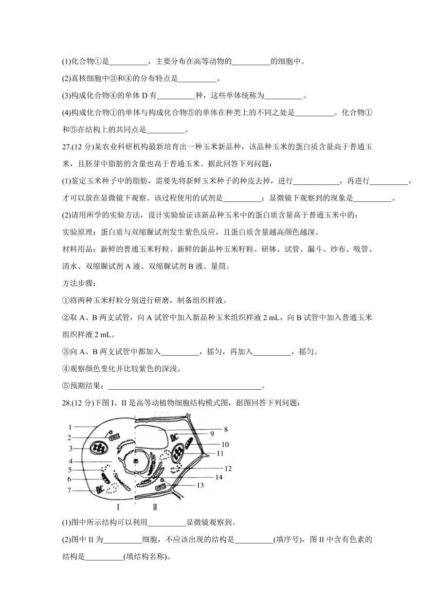 湖南省邵阳县2020-2021高一生物上学期期中试题（附答案Word版）