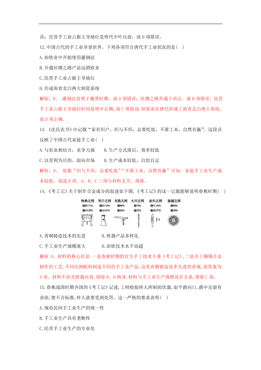 新人教版高中历史重要微知识点第2课古代中国手工业的特点测试题（含答案解析）