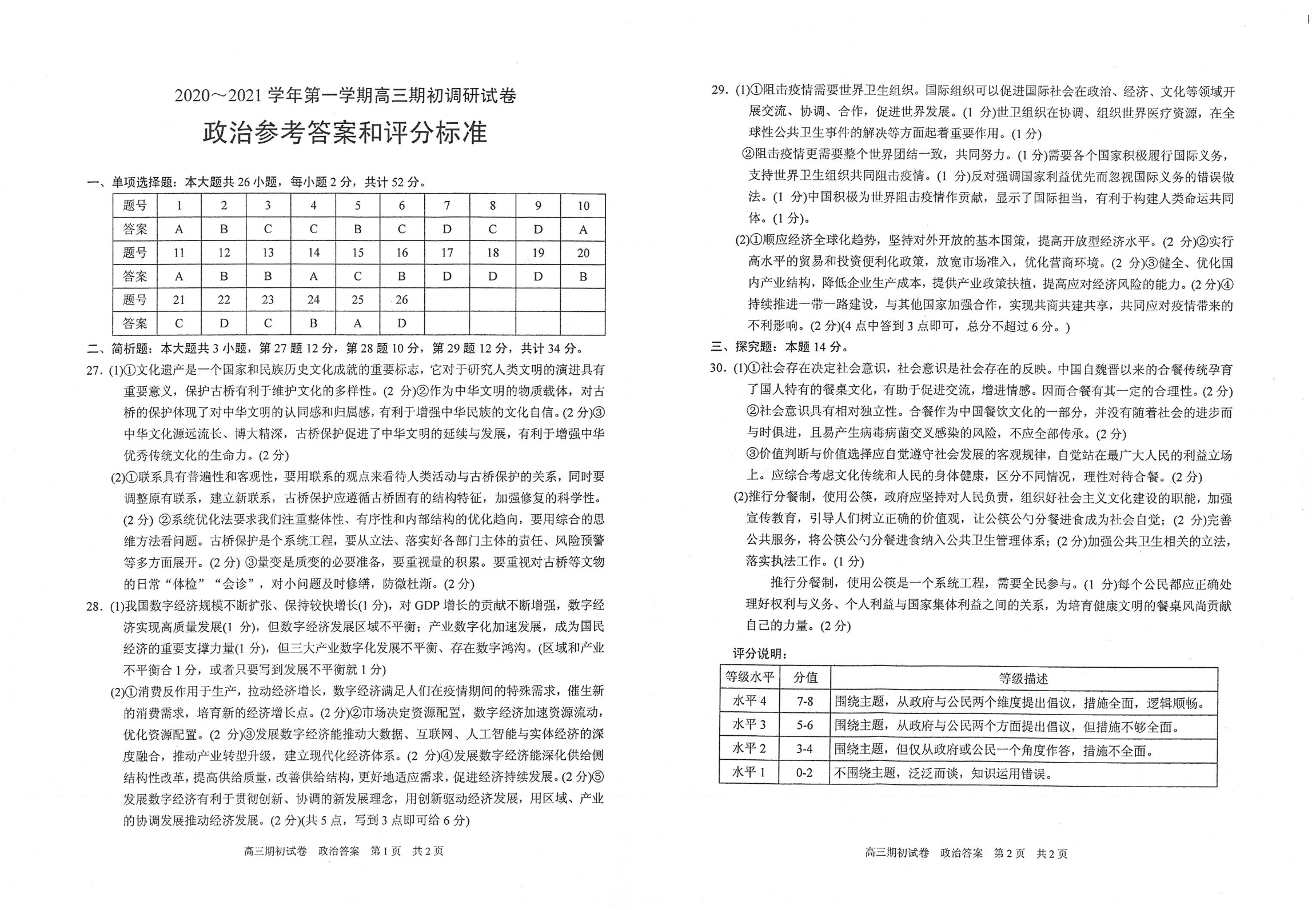 江苏省苏州四市五区2021届高三政治上学期期初调研试题（含答案）