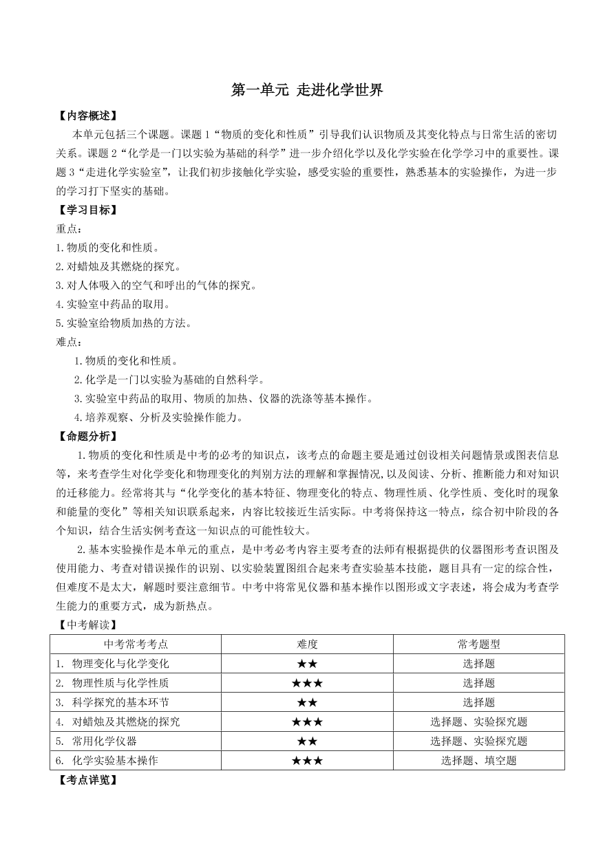 2020-2021九年级化学上册第一单元走进化学世界知识及考点（附解析新人教版）