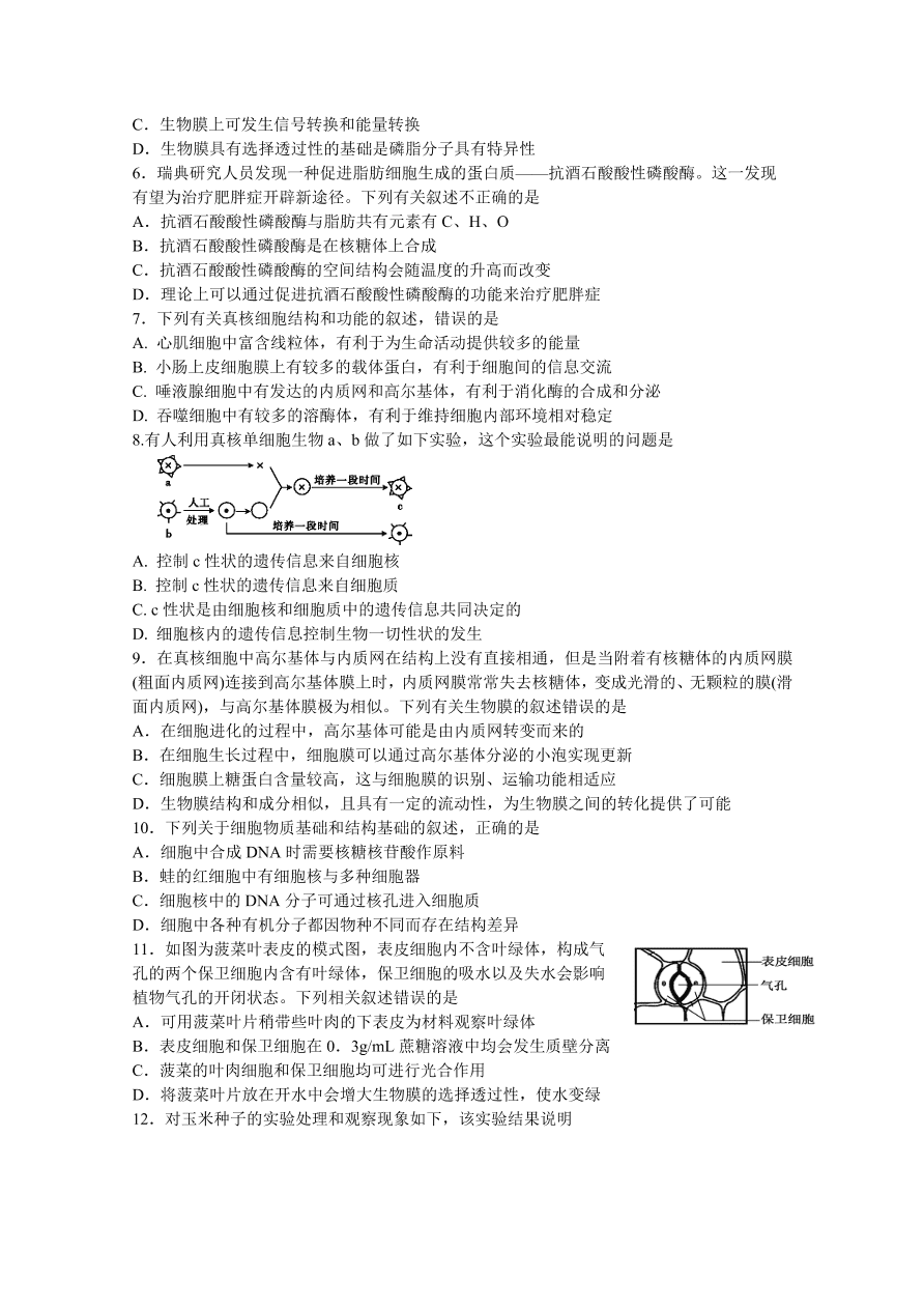 江苏省启东市2020-2021高一生物上学期期中试题（Word版附答案）