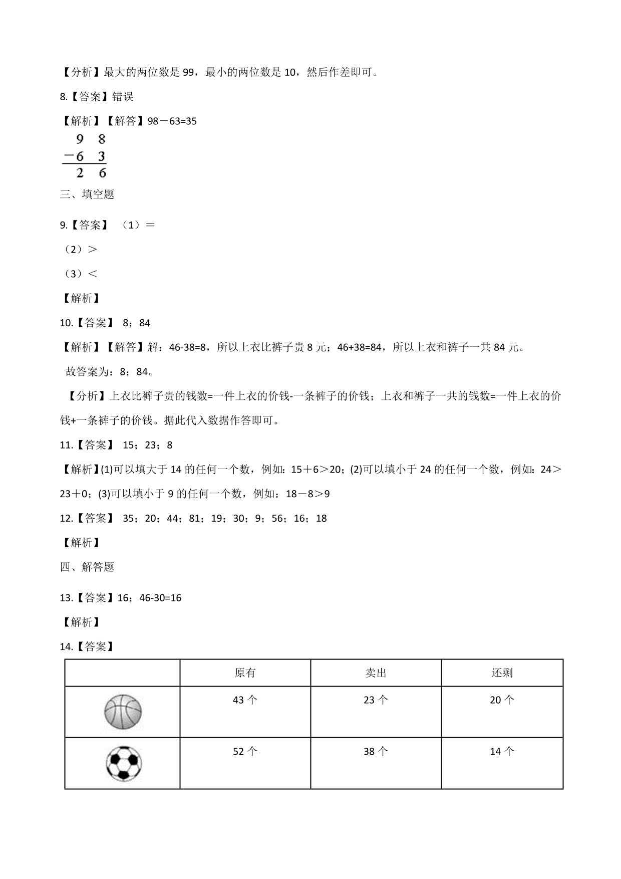 2020秋二年级（上）数学一课一练：减法