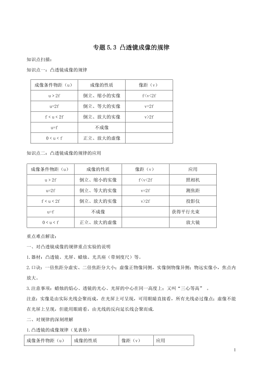 2020-2021八年级物理上册5.3凸透镜成像的规律精品练习（附解析新人教版）