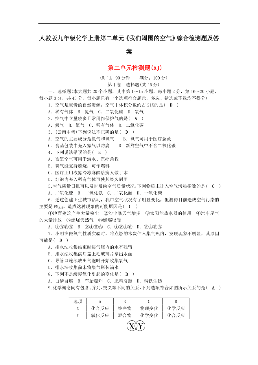 人教版九年级化学上册第二单元《我们周围的空气》综合检测题及答案