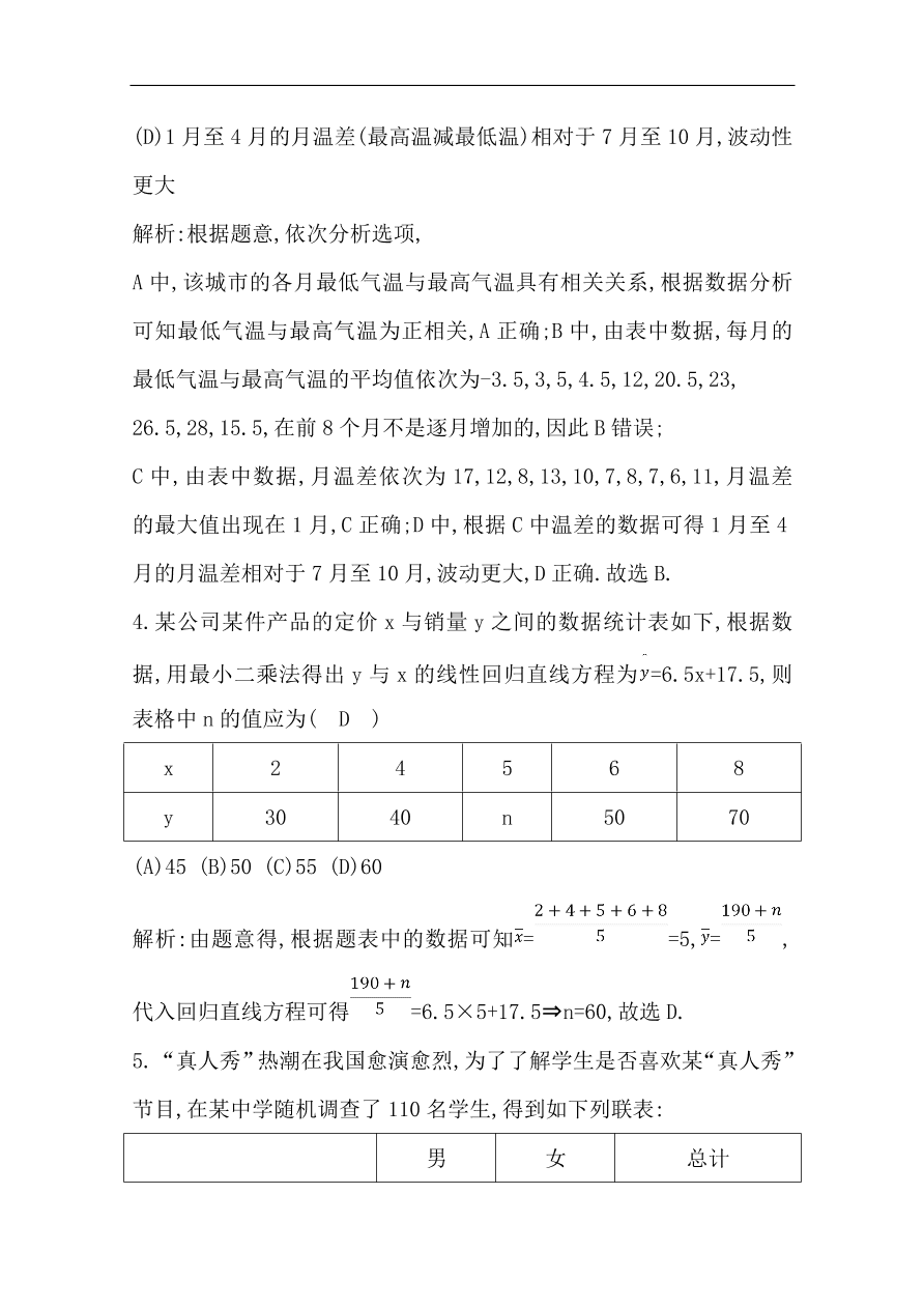 高中导与练一轮复习理科数学必修2习题 第九篇 统计与统计案例第3节 变量的相关性与统计案例 （含答案）