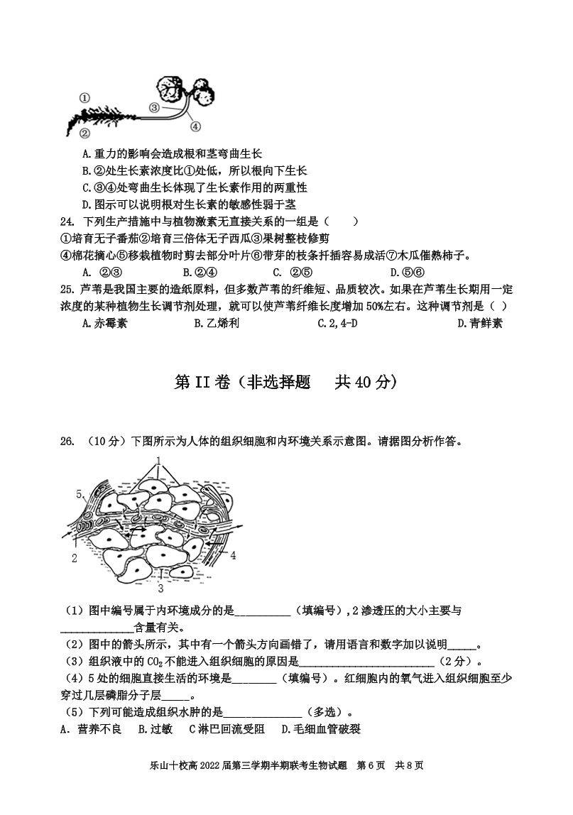 四川省乐山十校2020-2021高二生物上学期期中联考试题（Word版附答案）