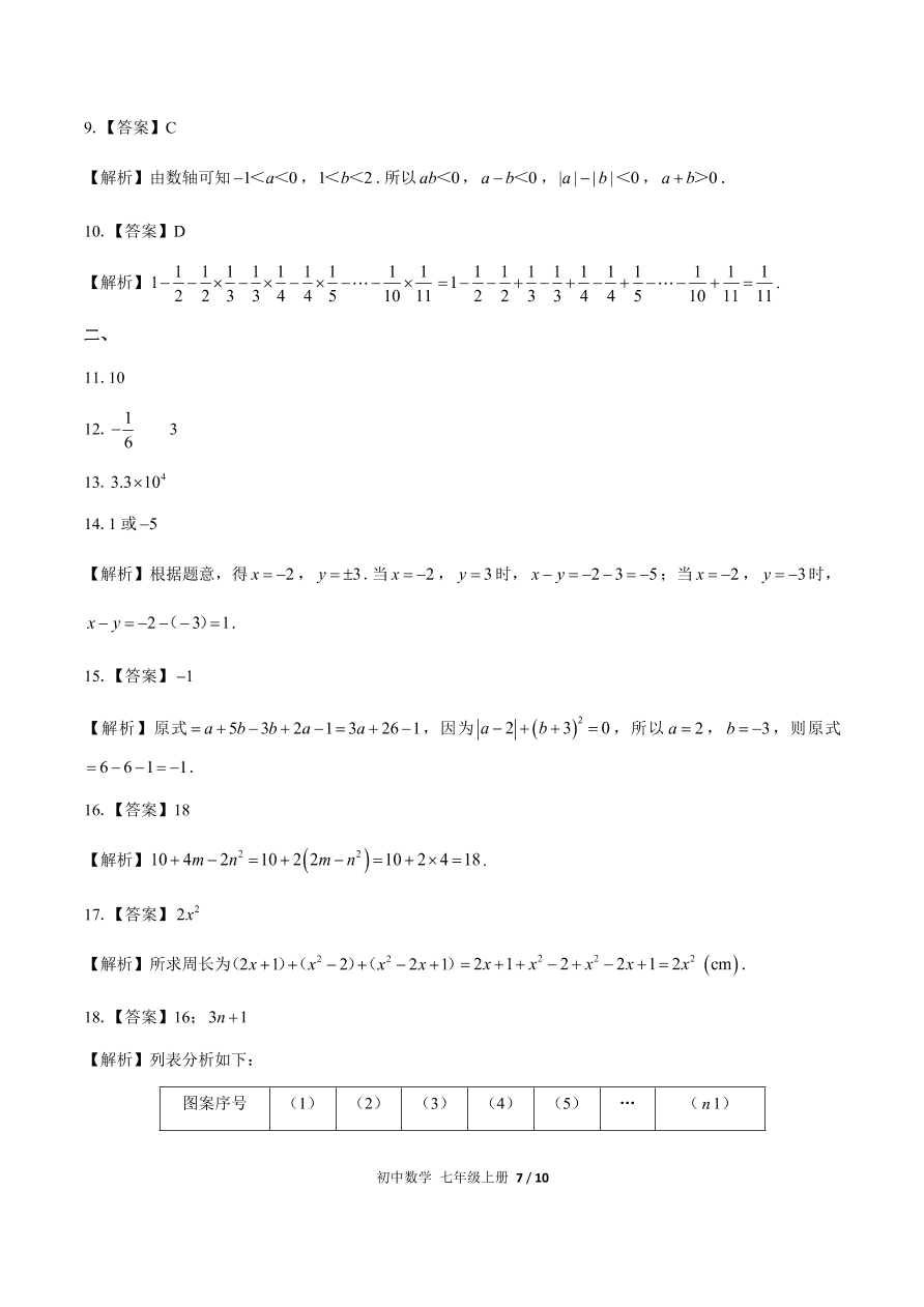 人教版七年级数学上册期中测试（含答案）