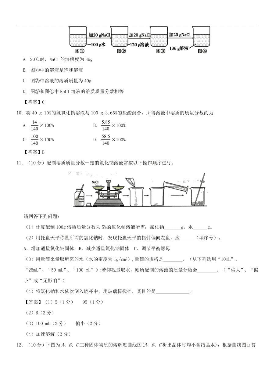 中考化学重要考点复习  溶液综合练习卷