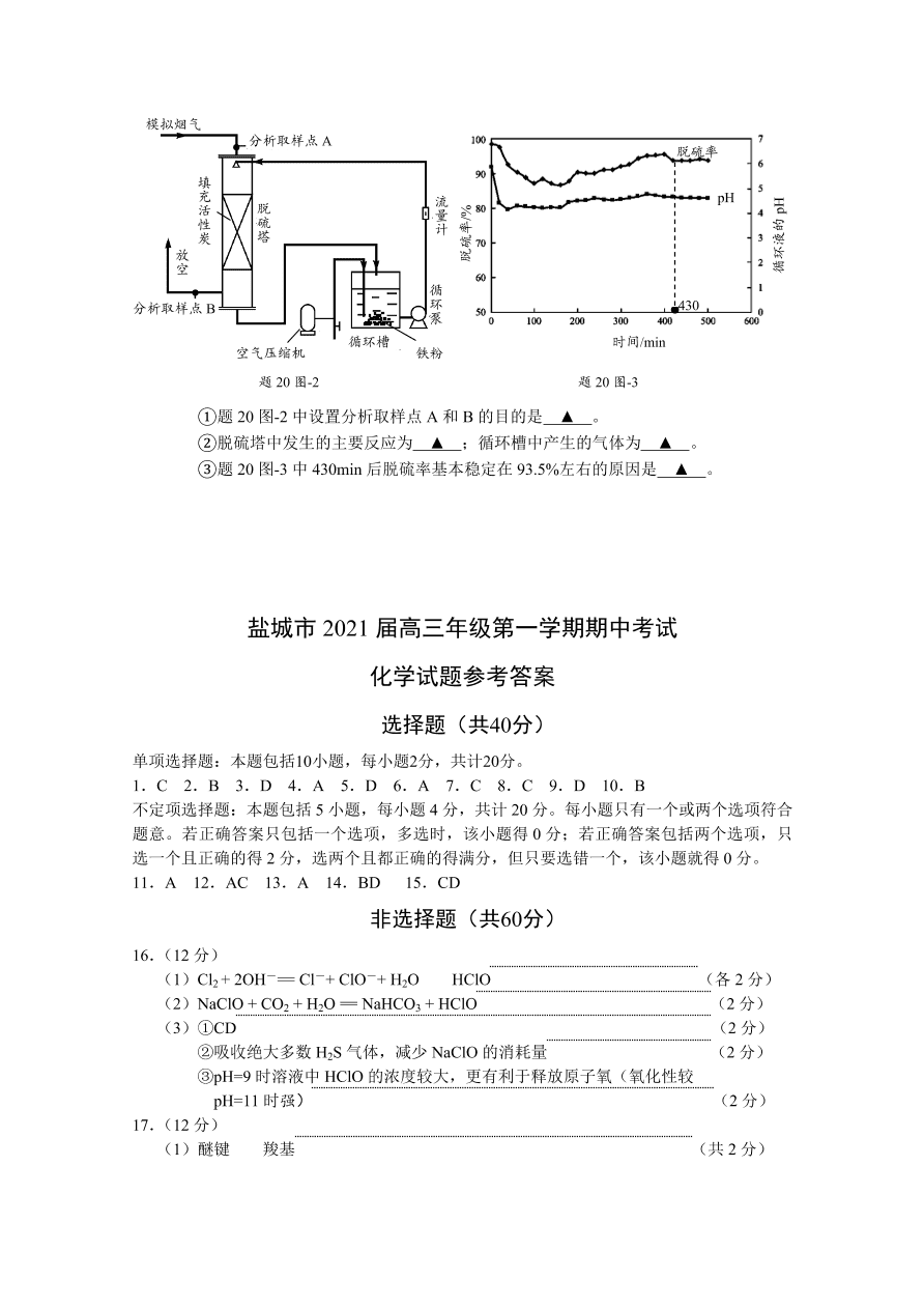 江苏省盐城市2021届高三化学上学期期中试题（Word版附答案）