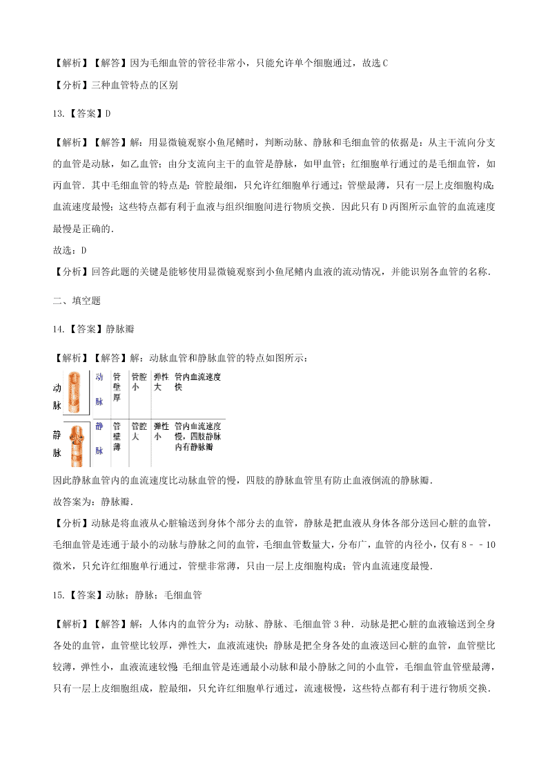 新人教版七年级生物下册第四单元第四章第二节血流的管道-血管  同步练习 （答案）