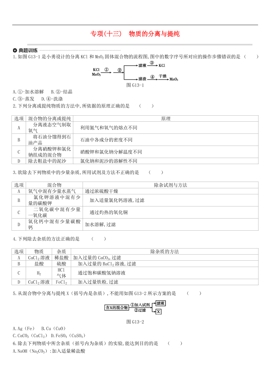 中考化学专项复习专题十三 物质的分离与提纯练习