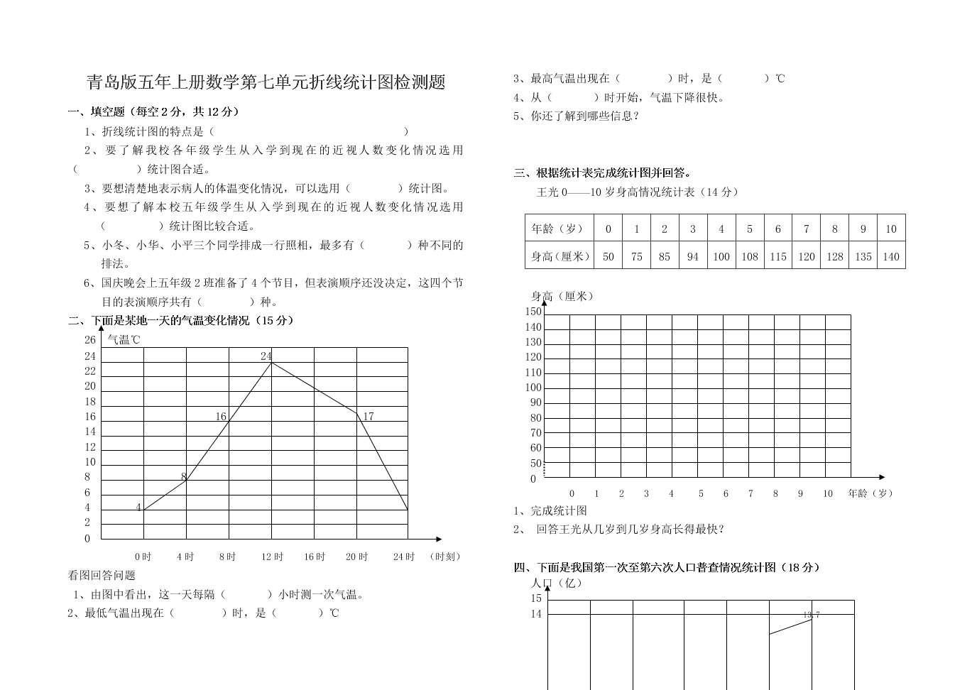 青岛版五年上册数学第七单元折线统计图检测题      