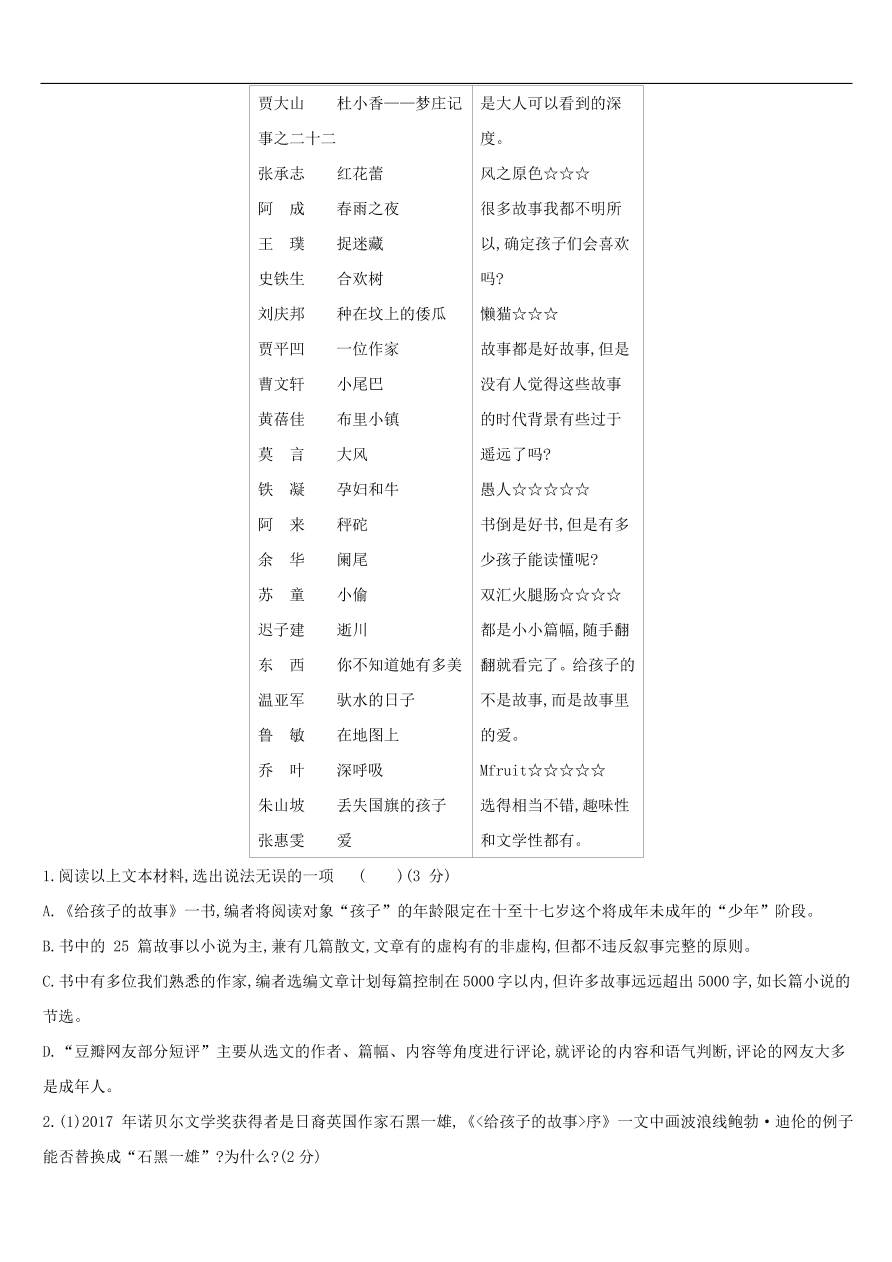 新人教版 中考语文总复习第二部分现代文阅读专题训练08联读文本阅读（含答案）