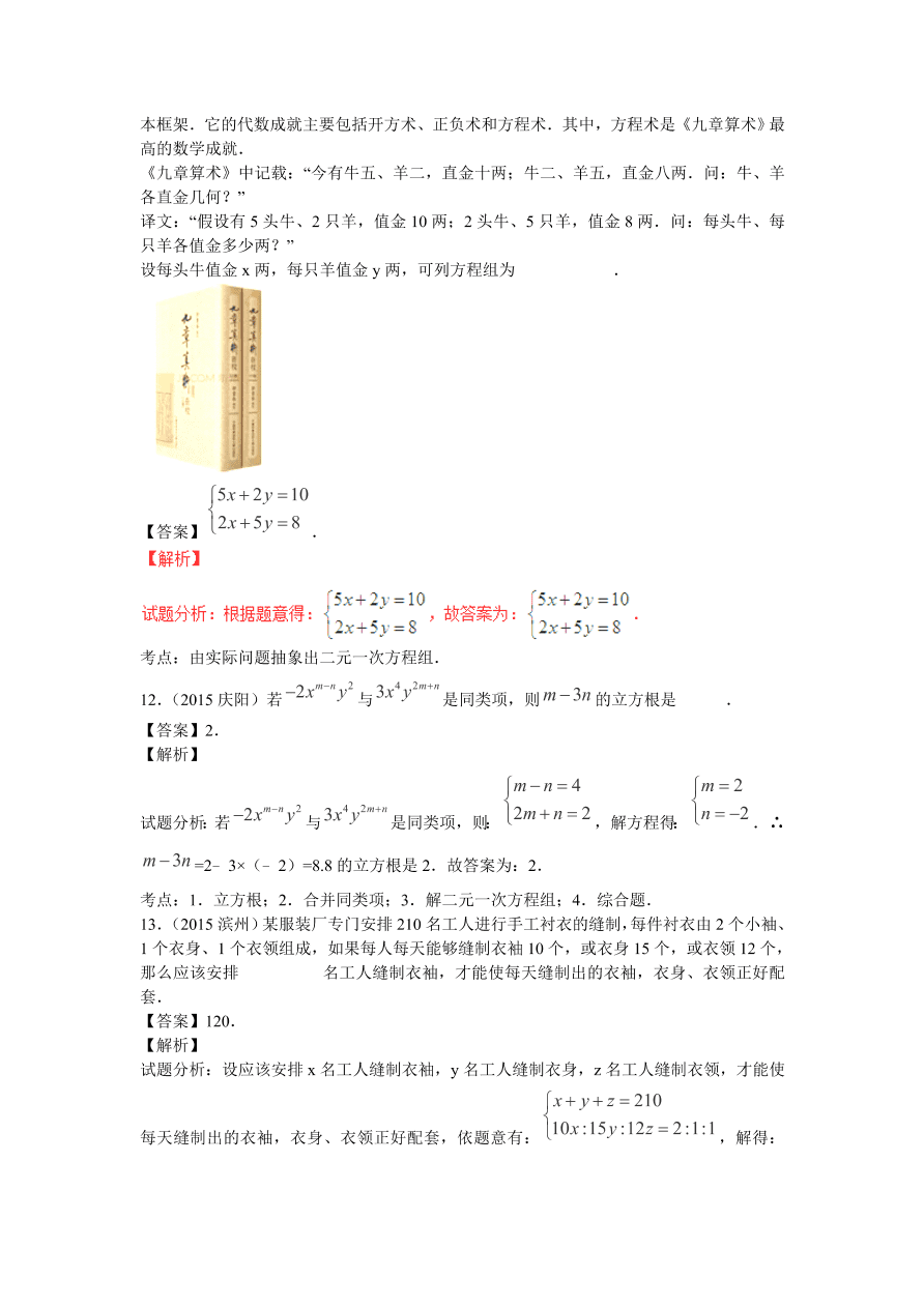 九年级数学中考复习专题：二元一次方程（组）练习及解析