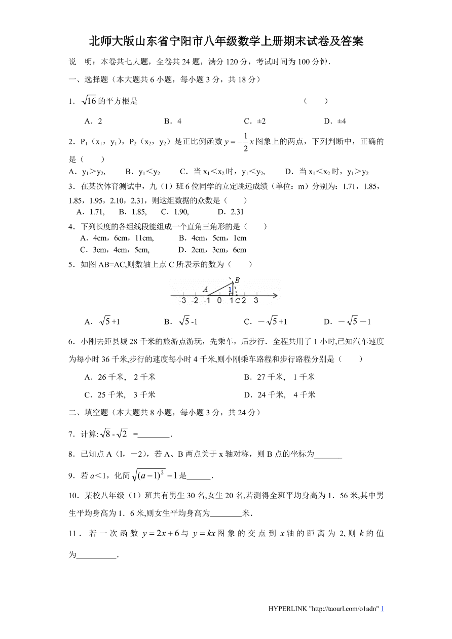 北师大版山东省宁阳市八年级数学上册期末试卷及答案