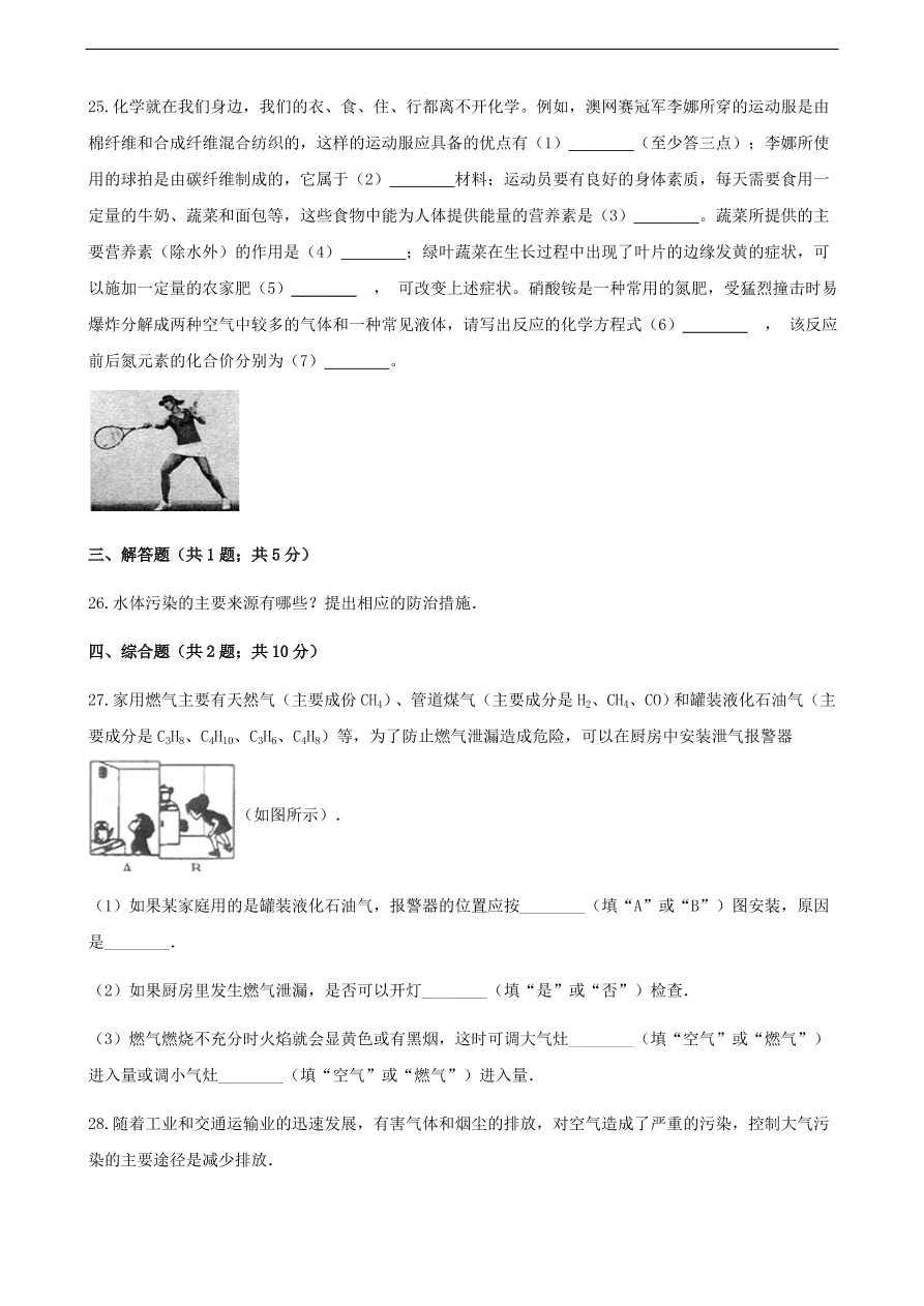 九年级化学下册专题复习 第十一单元化学与社会发展综合测试