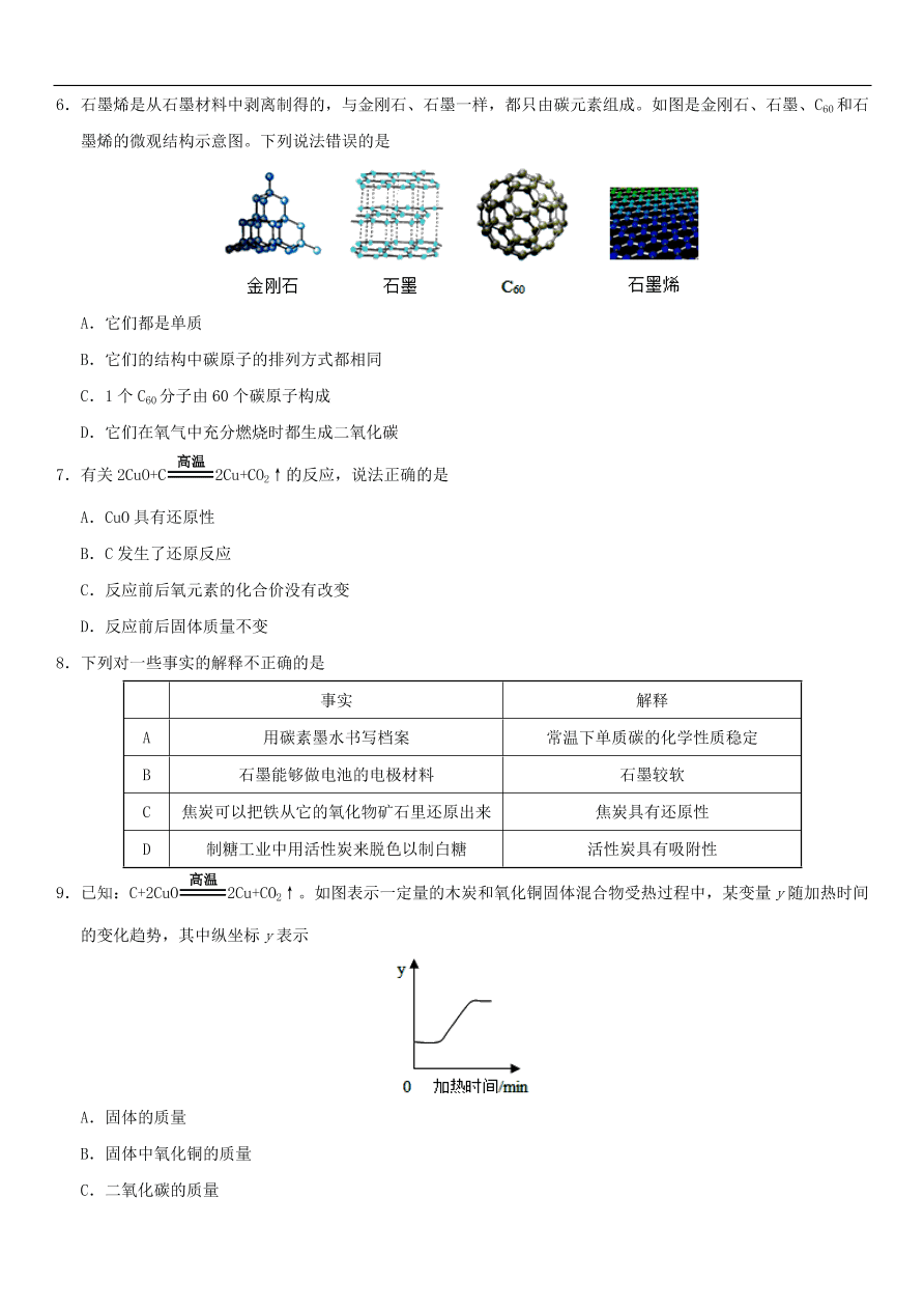 中考化学专题复习练习   碳的单质练习卷