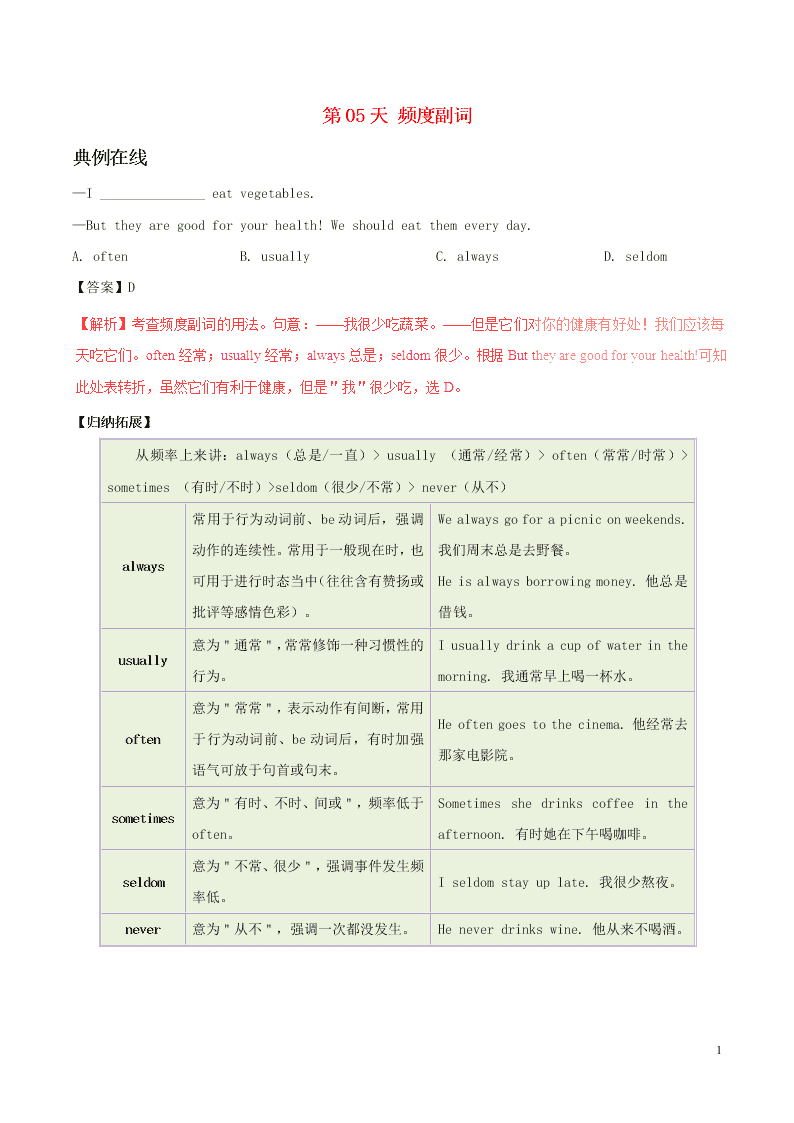 人教新目标版八年级英语暑假作业第05天 频度副词（答案）