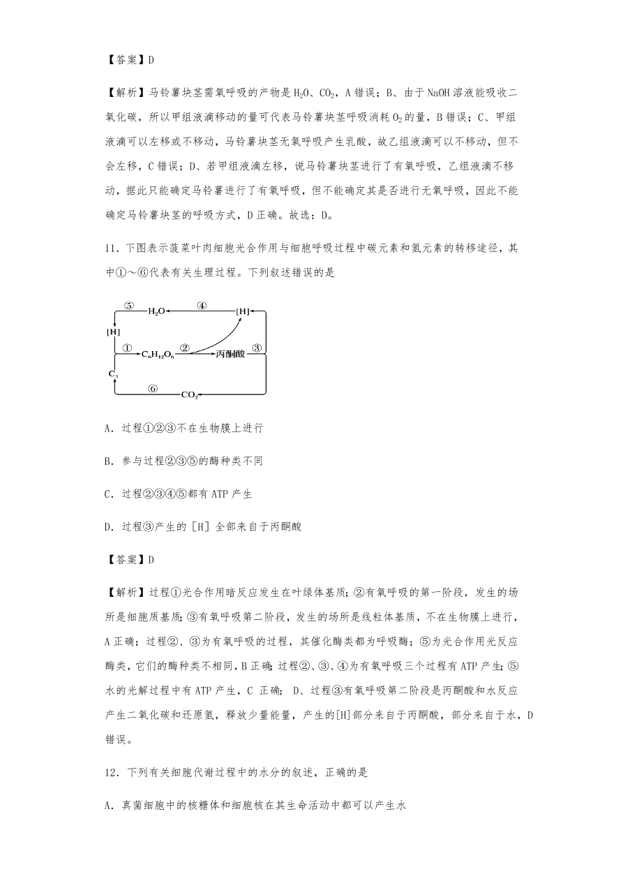 人教版高三生物下册期末考点复习题及解析：呼吸作用与光合作用