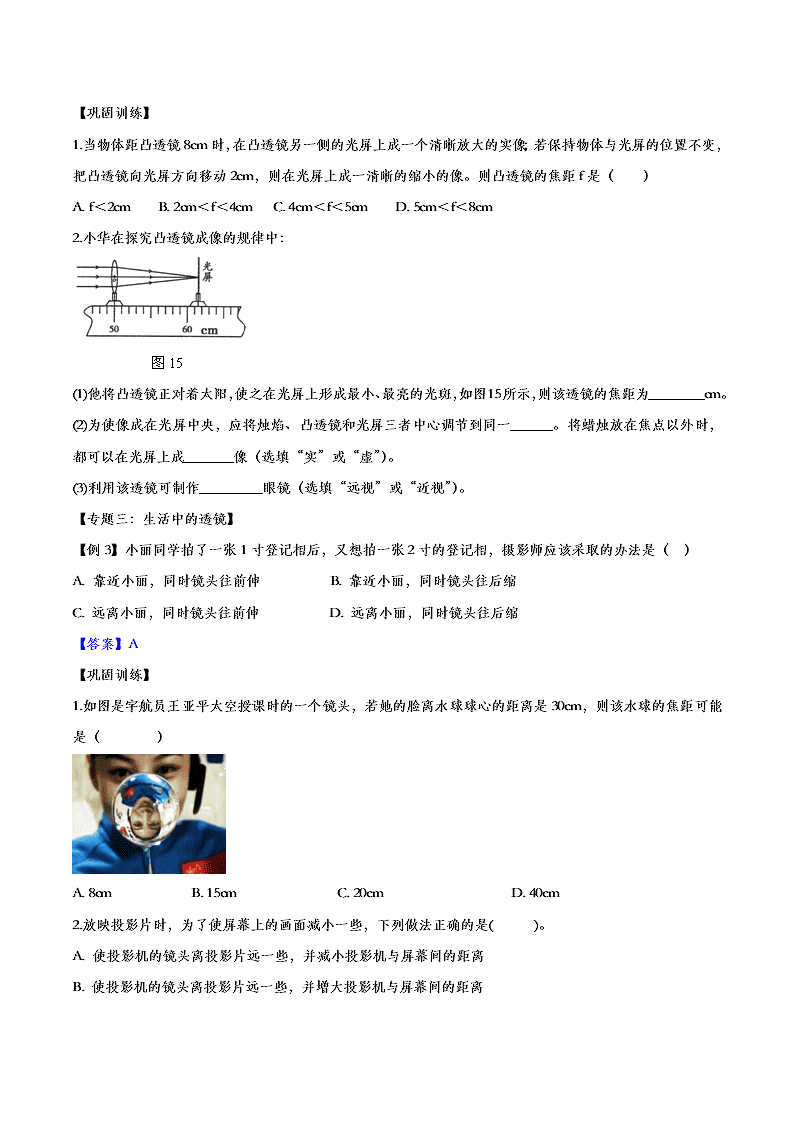 2020人教版初二物理重点知识专题训练：透镜及其应用