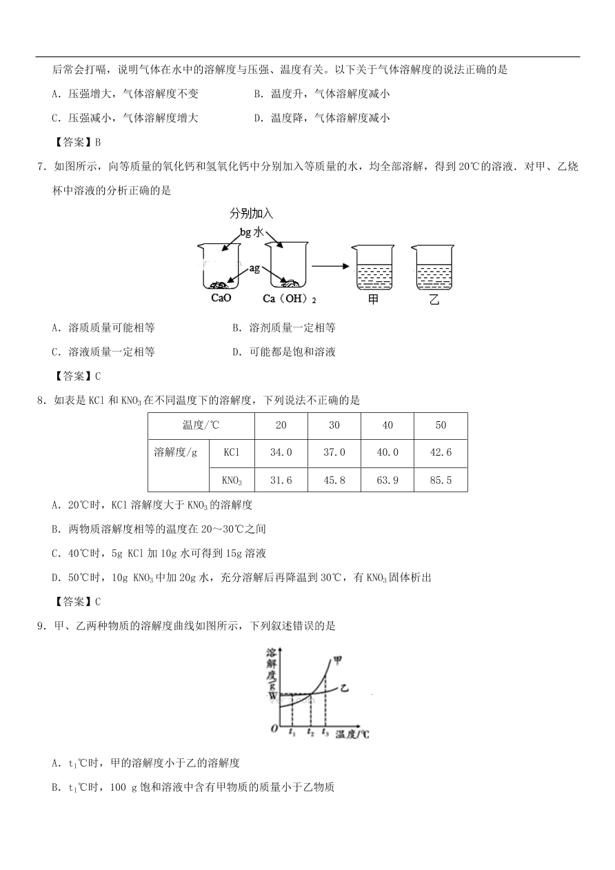 中考化学重要考点复习  溶解度与溶解度曲线练习卷