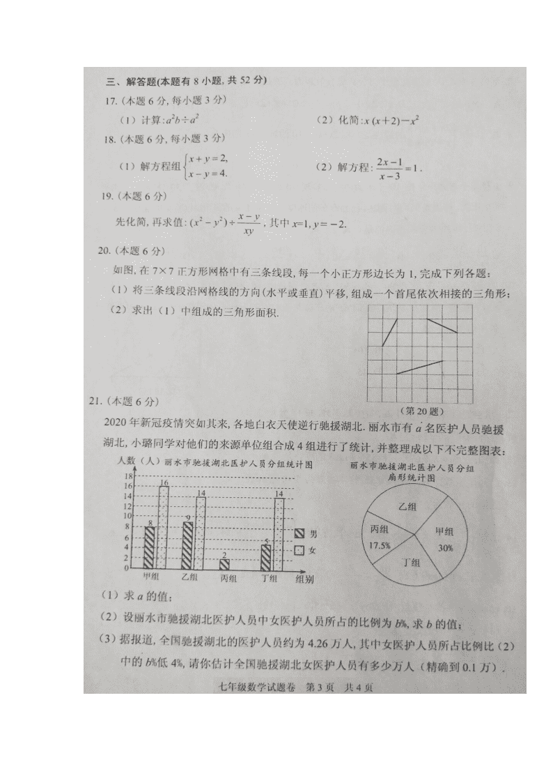 浙江丽水市2019-2020学年七年级数学下册期末教学质量监测（扫描版无答案）   