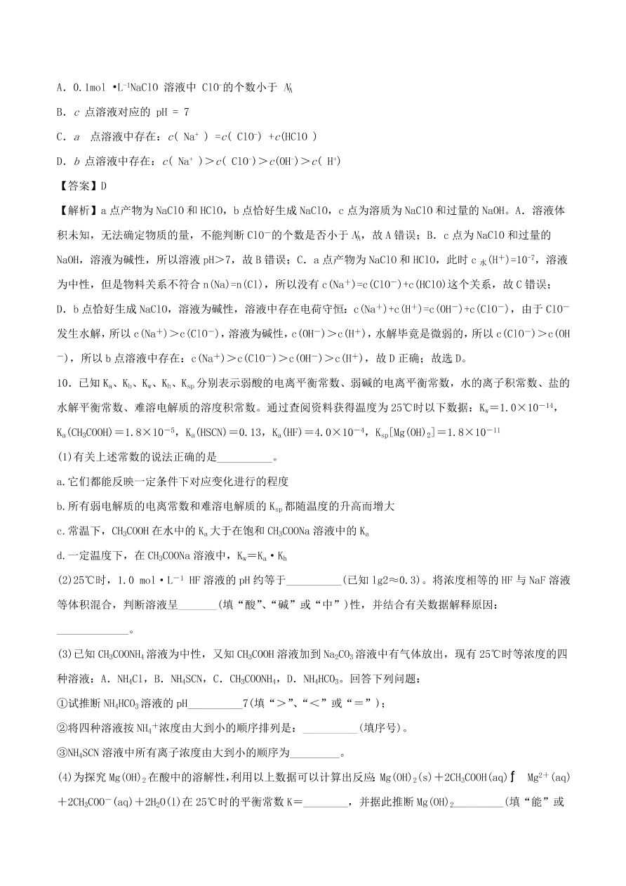 2020-2021年高考化学精选考点突破16 水溶液中的离子平衡