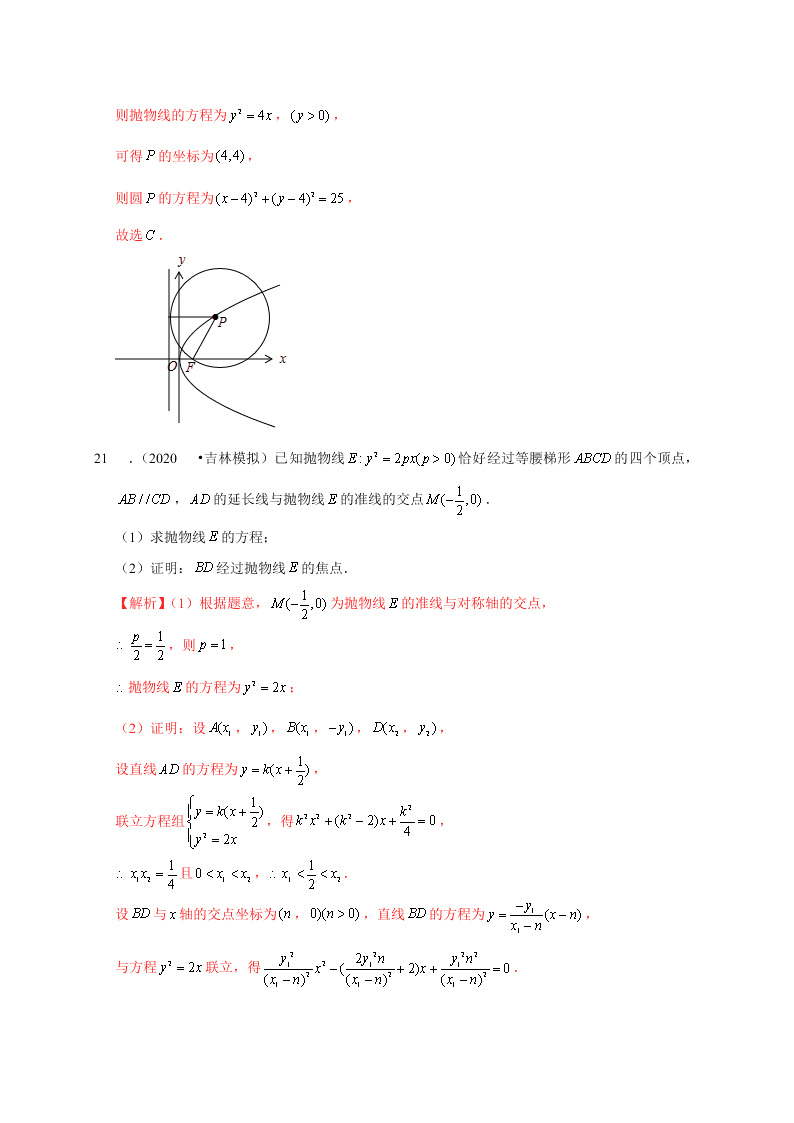 2020-2021学年高考数学（理）考点：抛物线