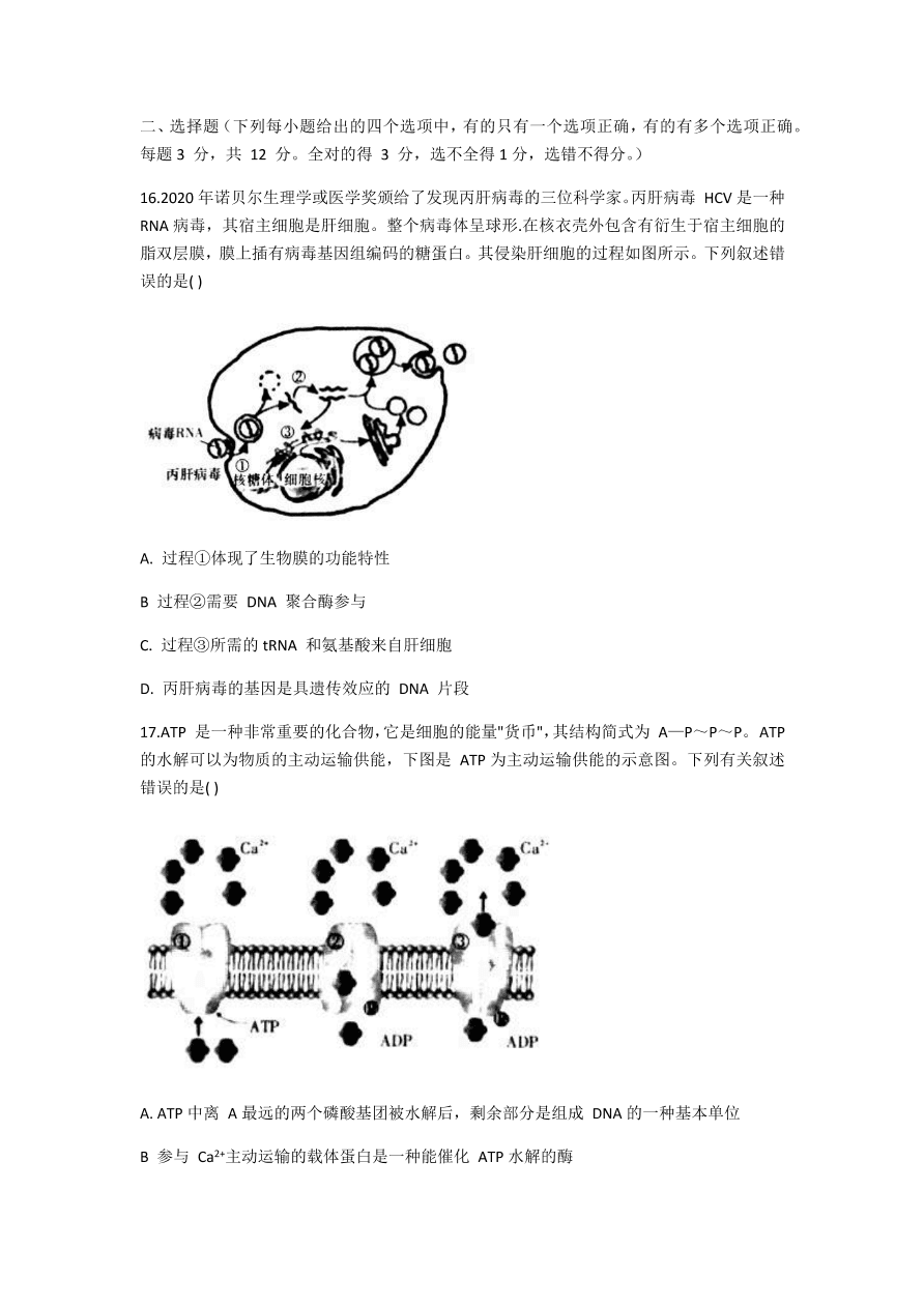 湖南名校联考联合体2021届高三生物12月联考试题（附答案Word版）