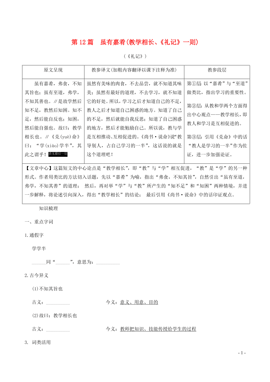 中考语文专题复习精炼课内文言文阅读第1篇虽有嘉肴教学相长礼记一则（含答案）